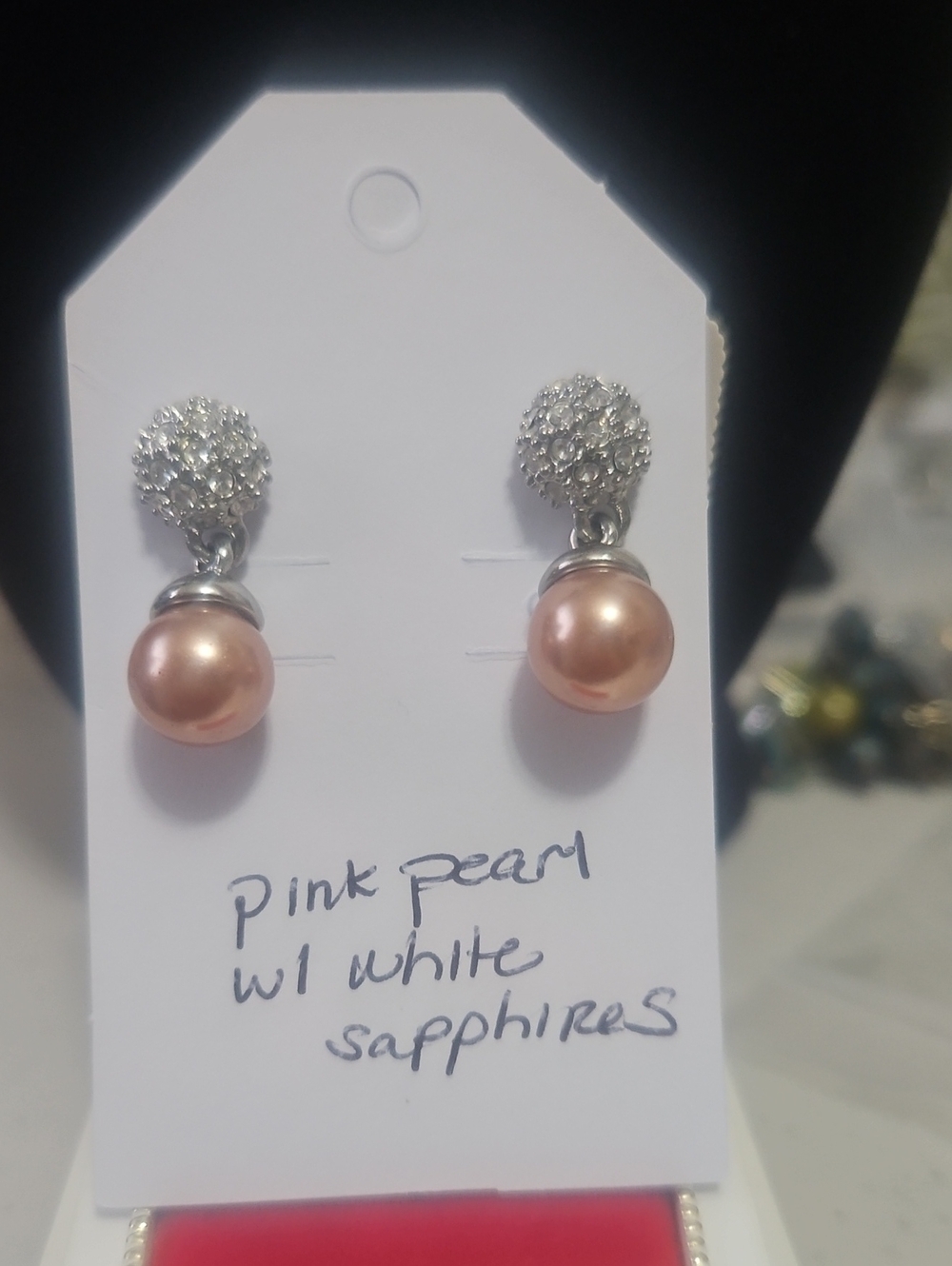 Pink Pearl Drop Earrings In Plated Brass Rhinestone Encrusted Pave Ball. - Picture 2 of 10